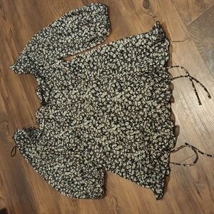 ACOA Black and Grey Floral Ruffle Sheer Sleeve Cottage Core Mini Dress QQQ